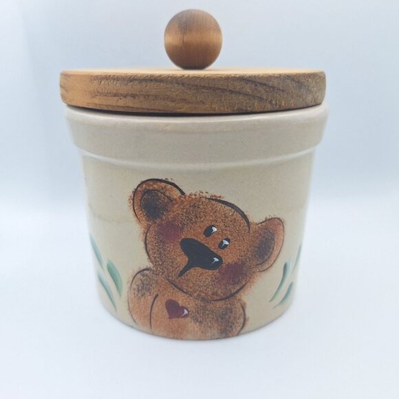 Roseville Crock Lid 1 Pint Low Small Painted Bear USA Made Pottery Canister Ohio - Picture 1 of 8